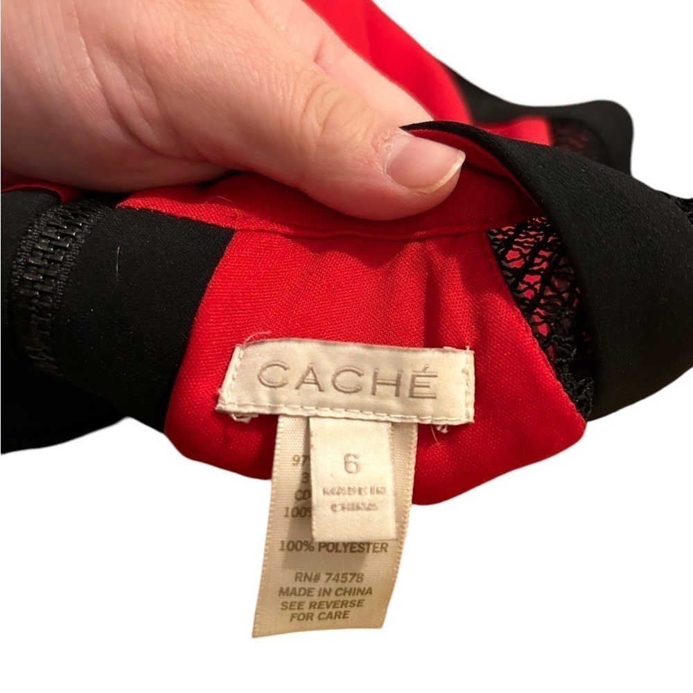 Cache Red and Black Mesh Cap Sleeve Zippered Back Sexy Sheath Dress Size 6 - Picture 6 of 6